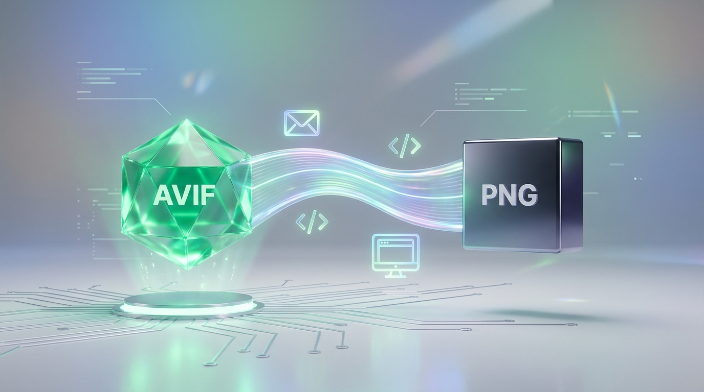 Infographic representing image format backward compatibility between modern AVIF files and legacy PNG support