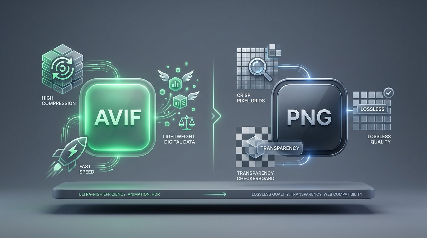 AVIF vs PNG comparison infographic showing file compression ratios and transparent graphics